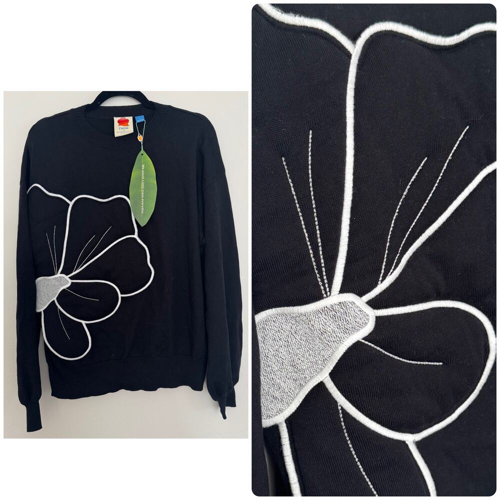 Farm Rio for Anthropologie Embroidered Floral Sweater in Black